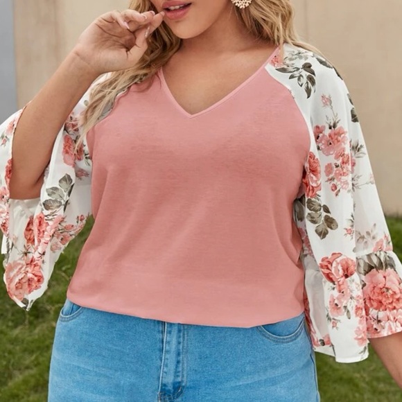 Boho black  V neck floral print sleeve blouse - Picture 3 of 16